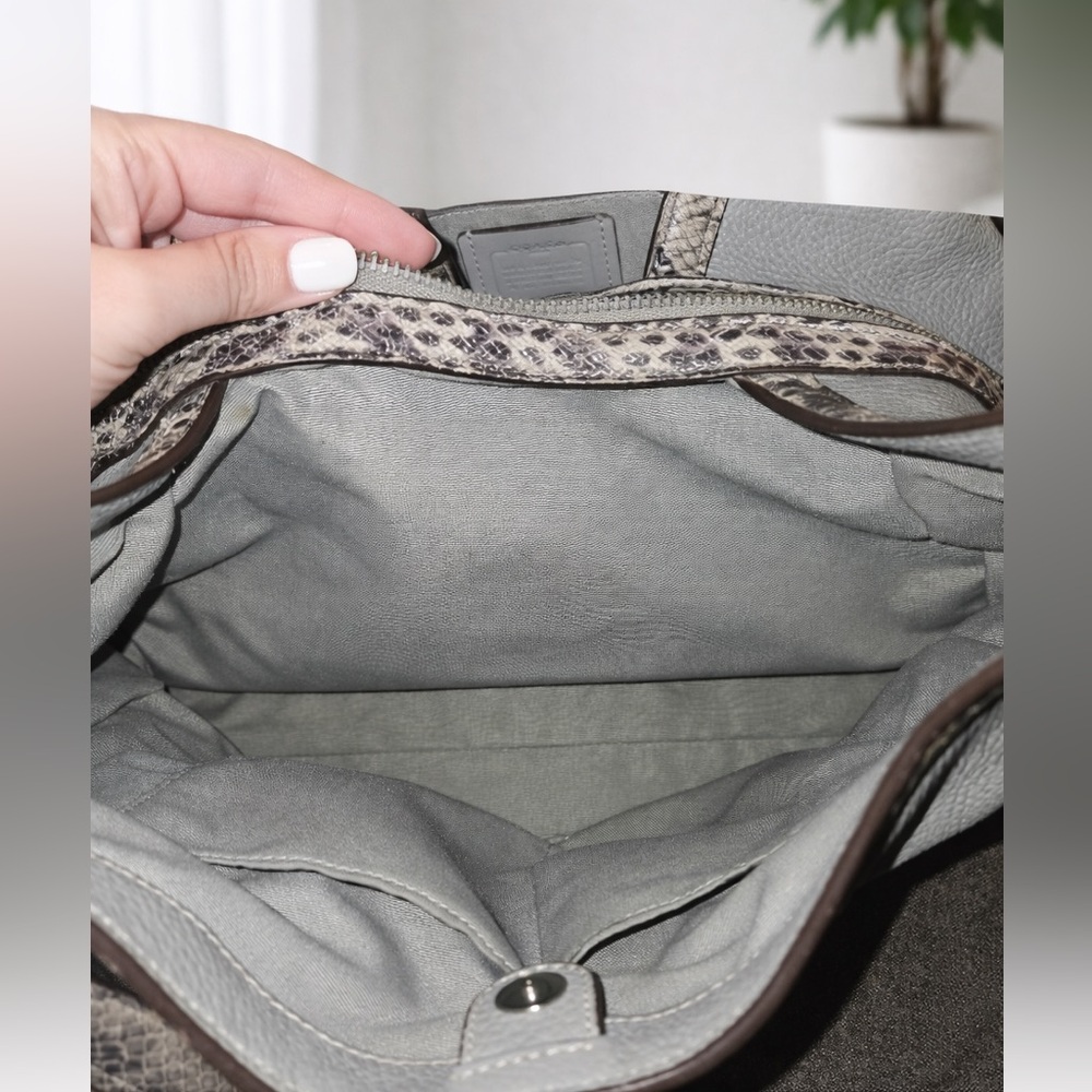Coach Pebbled Leather Gray Hobo Shoulder Bag with Exotic Snakeskin-Embossed Trim - Picture 6 of 16
